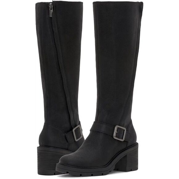 LUCKY BRAND Black Riding Boots Scoty Round Toe Stacked Heel Leather Sz 9.5 M - Picture 1 of 15
